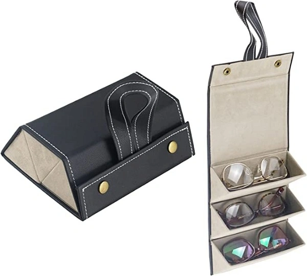 Black 3 Slots Foldable PU Leather Sunglasses Organizer