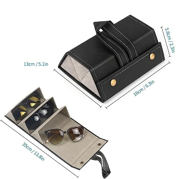 Black 3 Slots Foldable PU Leather Sunglasses Organizer