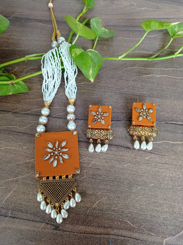 Aadhya Long Necklace Set - Dark Orange