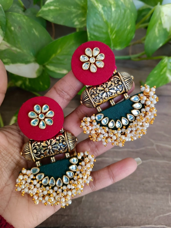 Aarya Earrings - Red & Bottle Green Mix