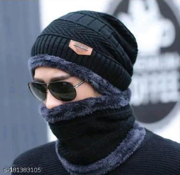 HRIDAY Unisex Winter Knit Beanie Cap Hat Neck Warmer Scarf(Pack of 1)  - Black, Free Size