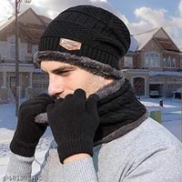 HRIDAY Unisex Winter Knit Beanie Cap Hat Neck Warmer Scarf(Pack of 1)  - Black, Free Size