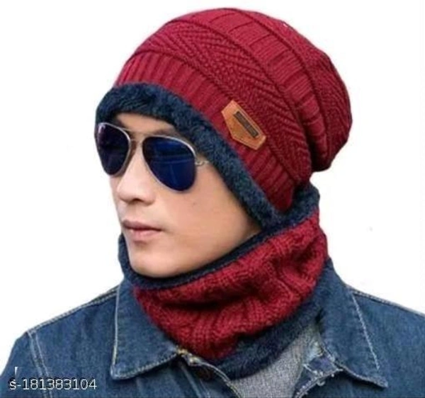 HRIDAY Unisex Winter Knit Beanie Cap Hat Neck Warmer Scarf(Pack of 1)  - Milano Red, Free Size