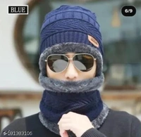 HRIDAY Unisex Winter Knit Beanie Cap Hat Neck Warmer Scarf(Pack of 1)  - Cornflower Blue, Free Size