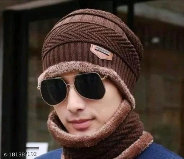 HRIDAY Unisex Winter Knit Beanie Cap Hat Neck Warmer Scarf(Pack of 1)  - Brown, Free Size