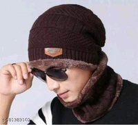 HRIDAY Unisex Winter Knit Beanie Cap Hat Neck Warmer Scarf(Pack of 1)  - Brown, Free Size