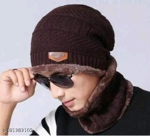 HRIDAY Unisex Winter Knit Beanie Cap Hat Neck Warmer Scarf(Pack of 1)  - Brown, Free Size