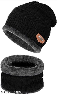 HRIDAY Unisex Winter Knit Beanie Cap Hat Neck Warmer Scarf(Pack of 1)  - Black, Free Size