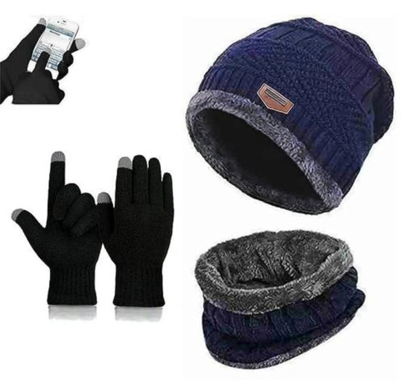 Men & Women Winter Cap with Touch screen winter Gloves - Pigment Indigo, Free Size