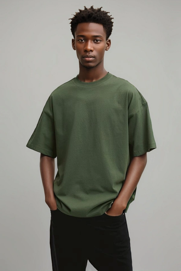 Olive Green Plain Oversized T Shirt For Men - XL-44