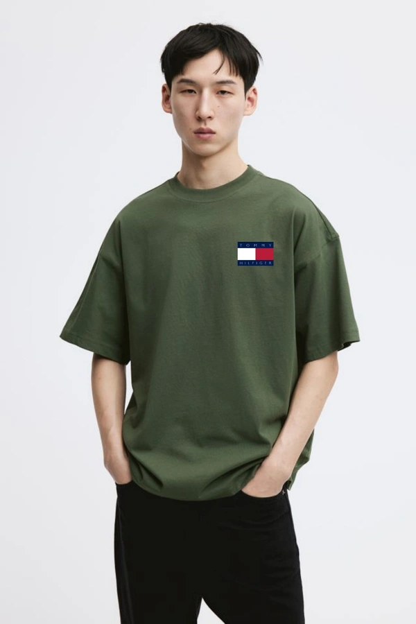 Tommy Olive Green Oversized T Shirt For Men - M-40