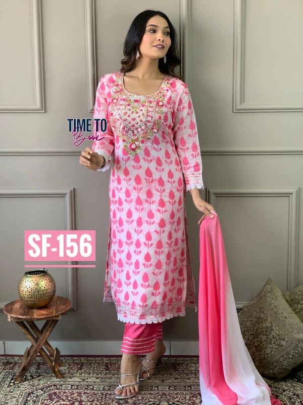 Featuring beautiful Heavy 3pcs cottan Suit which is beautifully decorated with beautiful embroider .It is paired with matching pants with 2 side pocket and cotton Dupatta - L-40