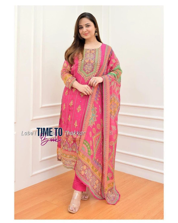 Featuring beautiful Heavy maslin rainbow style3pcs Suit which is beautifully decorated with intricate hand embroidery detail ing work. It is paired with matching pant and maslin Dupatta.* - M-38