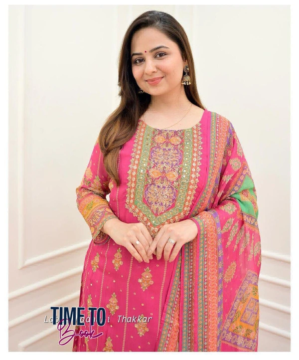 Featuring beautiful Heavy maslin rainbow style3pcs Suit which is beautifully decorated with intricate hand embroidery detail ing work. It is paired with matching pant and maslin Dupatta.* - M-38