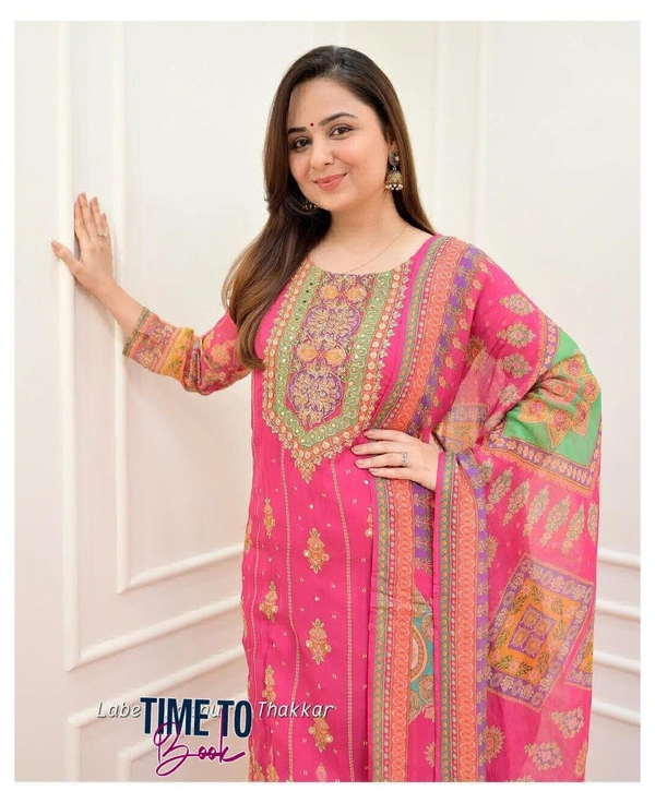 Featuring beautiful Heavy maslin rainbow style3pcs Suit which is beautifully decorated with intricate hand embroidery detail ing work. It is paired with matching pant and maslin Dupatta.* - M-38