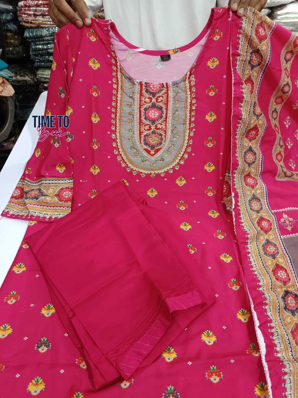 Featuring beautiful Heavy maslin rainbow style3pcs Suit which is beautifully decorated with intricate hand embroidery detail ing work. It is paired with matching pant and maslin Dupatta.* - M-38
