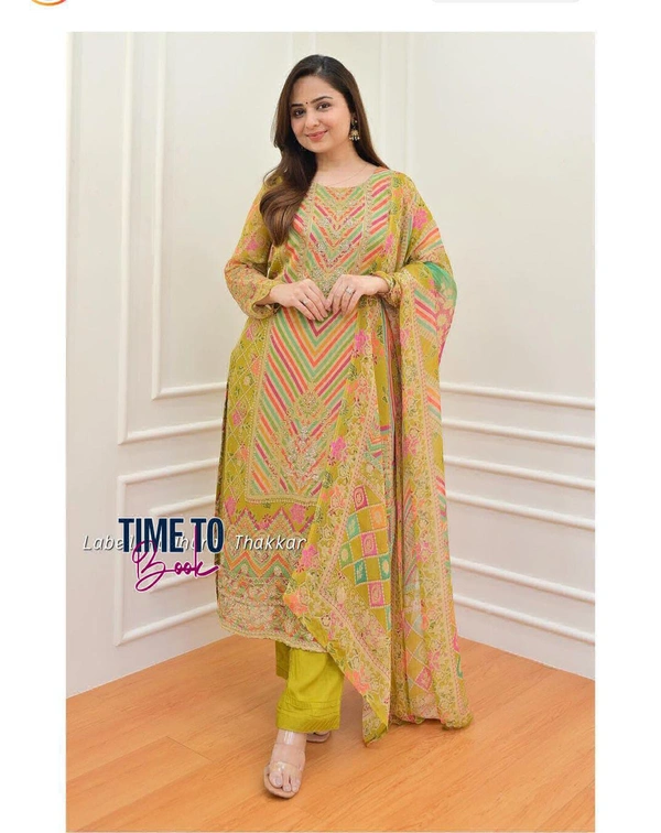 Featuring beautiful Heavy maslin rainbow style3pcs Suit which is beautifully decorated with intricate hand embroidery detail ing work. It is paired with matching pant and maslin Dupatta.* - M-38