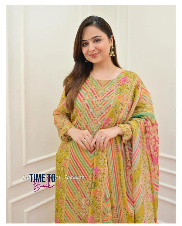 Featuring beautiful Heavy maslin rainbow style3pcs Suit which is beautifully decorated with intricate hand embroidery detail ing work. It is paired with matching pant and maslin Dupatta.* - XL-42