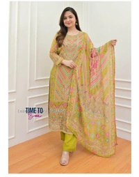 Featuring beautiful Heavy maslin rainbow style3pcs Suit which is beautifully decorated with intricate hand embroidery detail ing work. It is paired with matching pant and maslin Dupatta.* - XL-42