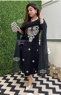 Featuring beautiful reyon 3pcs Suit which is beautifully decorated with chikan embroidery. It is paired with matching pants and shifon Dupatta. - L-40