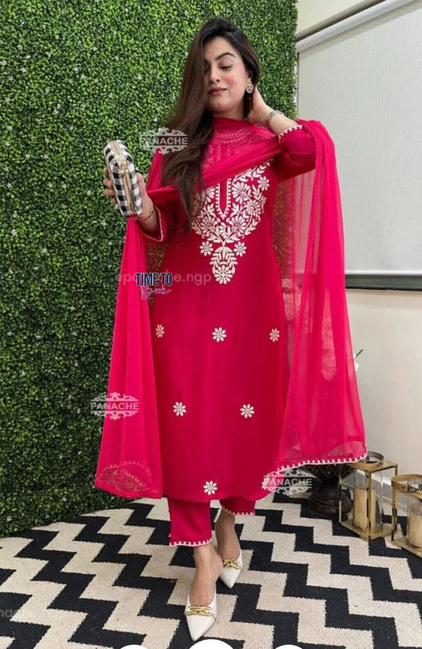 Featuring beautiful reyon 3pcs Suit which is beautifully decorated with chikan embroidery. It is paired with matching pants and shifon Dupatta.* - XXL-44