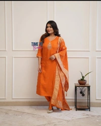 Featuring beautiful Heavy 3pcs Suit which is beautifully decorated with intricate hand embroidery & pithan. It is paired with matching pants and chandri cotton printed Dupatta. - M-38