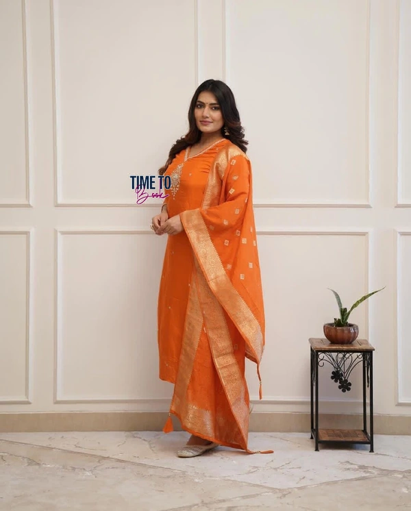 Featuring beautiful Heavy 3pcs Suit which is beautifully decorated with intricate hand embroidery & pithan. It is paired with matching pants and chandri cotton printed Dupatta. - M-38