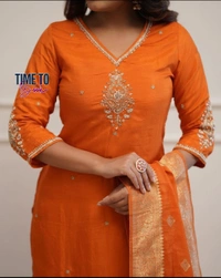 Featuring beautiful Heavy 3pcs Suit which is beautifully decorated with intricate hand embroidery & pithan. It is paired with matching pants and chandri cotton printed Dupatta. - M-38