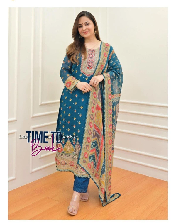 Featuring beautiful Heavy maslin rainbow style3pcs Suit which is beautifully decorated with intricate hand embroidery detail ing work. It is paired with matching pant and maslin Dupatta - M-38
