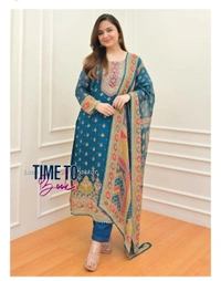 Featuring beautiful Heavy maslin rainbow style3pcs Suit which is beautifully decorated with intricate hand embroidery detail ing work. It is paired with matching pant and maslin Dupatta - XL-42