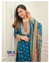 Featuring beautiful Heavy maslin rainbow style3pcs Suit which is beautifully decorated with intricate hand embroidery detail ing work. It is paired with matching pant and maslin Dupatta - L-40
