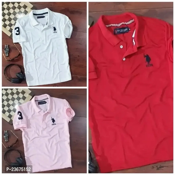 The Unity Style Polo USPA Solid Half Sleeves T Shirt White, Pink, Red( Pack Of 3) - L-40