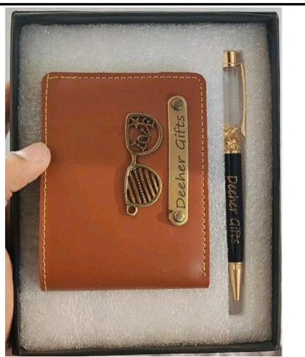 Engraving Faux Leather Men’s Wallet + Gold Zari Pen Set