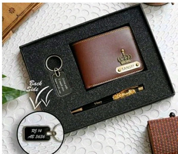 Engraving Faux Leather Men’s Wallet + Pen + Leather Keychain