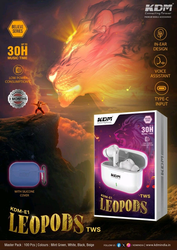 KDM-E1 LEOPODS 🦁 (UP TO 30HRS⏳ MUSIC 🎵 TIME) BELIEVE SERIES WIRELESS EARBUDS *_With Silicone Cover, Low Power Consumption IC⚡️,In-Ear Design & Voice Assistant 🤩_*                                                                                          