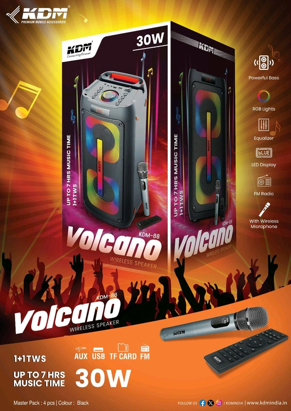 KDM-88 VOLCANO (UP TO 7Hrs MUSIC 🎵 TIME) WIRELESS (30W) SPEAKER 🔊*_With Wireless Mic 🎤, Powerful Bass, 1+1 Tws Function, Fm 📻 Radio, Rgb 🚦Lights, Led Display & Equaliser System_*                                                        *🤩🤩AVAILABLE 🤩🤩*