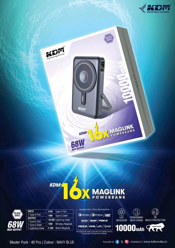 ⚡ *KDM-16X MAGLINK POWERBANK* (*10,000mAh* | *68W* Max Output) Get the ultimate power on-the-go with _*Believe Series*, *Multi-Output Support*, *MagSafe Wireless Charging*, *LED Display* & *Built-in Stand*_  
🛡️ 9S Multi-Protection 
🇮🇳 Made in India
