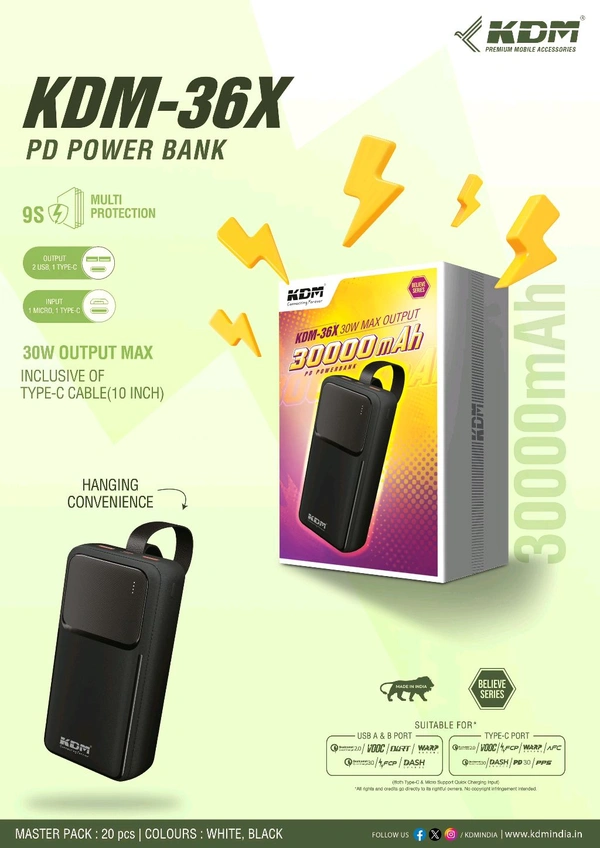 KDM - 36X PD POWER BANK *(30000mAh)* (30W) PD SUPERFAST ⚡️ BELIEVE SERIES  *_With Inclusive Of Type-C Cable (10inch), Hanging Convenience & 9S ⚡️Multi Protection_* 
*• Output - (2USB,1Type-C)*
*• ⁠Input - (1Micro,1Type-C)*                    