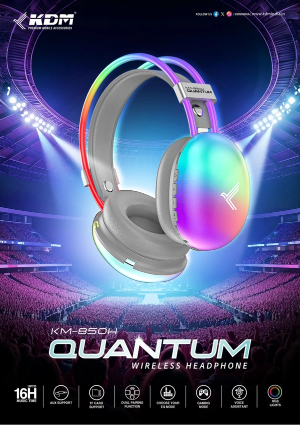 KDM KM-850H QUANTUM (UP TO 16Hrs MUSIC 🎵 TIME 🕰️) WIRELESS HEADPHONE 🎧 With RGB Light 🚦, Gaming Mode, Choose Your EQ Mode Between ( Pop, Jazz, Classical, Country, Rock, Custom), Voice Assistant, Support-TF Card, Aux & Dual Pairing Function  Feel the melody of music with quality  #KroDilkiMarzi