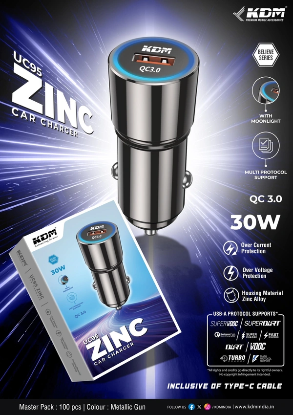 KDM-UC95 ZINC (30W⚡️) BELIEVE SERIES METAL FAST CAR 🚗 CHARGER 🔌 (⚡️QC3.0⚡️)  With Moon Light💡, Multi Protocol Support, Zinc Alloy Housing Material, Over Voltage Protection, Over Current Protection & 1 Year Warranty AVAILABLE -🚘