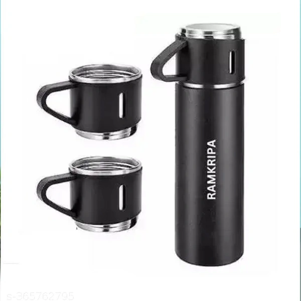 EngravingStainless Steel Vacuum Flask Set with 3 Steel Cups Combo for Coffee Hot Drink and Cold Water
