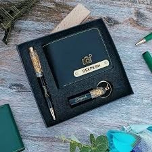 Engraving Faux Leather Men’s Wallet + Gold Zari Pen Set
