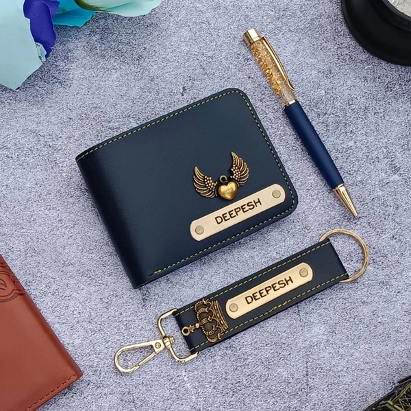 Engraving Faux Leather Men’s Wallet + Pen + Leather Keychain