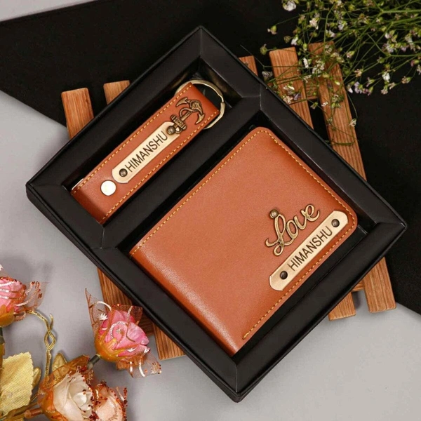 Engraving Faux Leather Men’s Wallet + Keychain Set