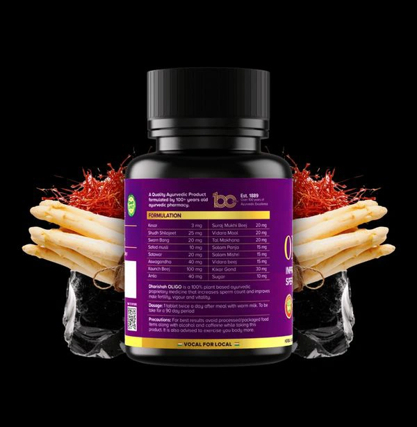 Dharishah Ayurveda Oligo - 60 Tablets - Improves Male Fertility, Sperm Count, Size And Motility - 120 Capsule