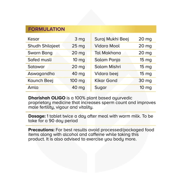 Dharishah Ayurveda Oligo - 60 Tablets - Improves Male Fertility, Sperm Count, Size And Motility - 60 Capsules