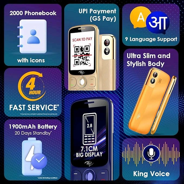 Itel Pvt Ltd  (Refurbished) Itel SG600 Keypad Mobile Phone with 2.8 inch Display|1900mAh Battery|UPI Pay|Crystal Clear Calls | 4 Hour Service|1.3 MP Camera with Flash |Kingvoice|Metal Finish|Champagne Gold - Ultramarine