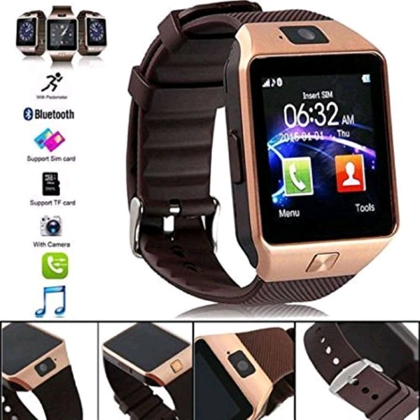 Spring Jump Bluetooth DZ09 Golden Smart Watch with Touchscreen, Multifunctional TF & SIM Card Support Camera, and Multi-Language for All Smartphones - Free Size, Bourbon