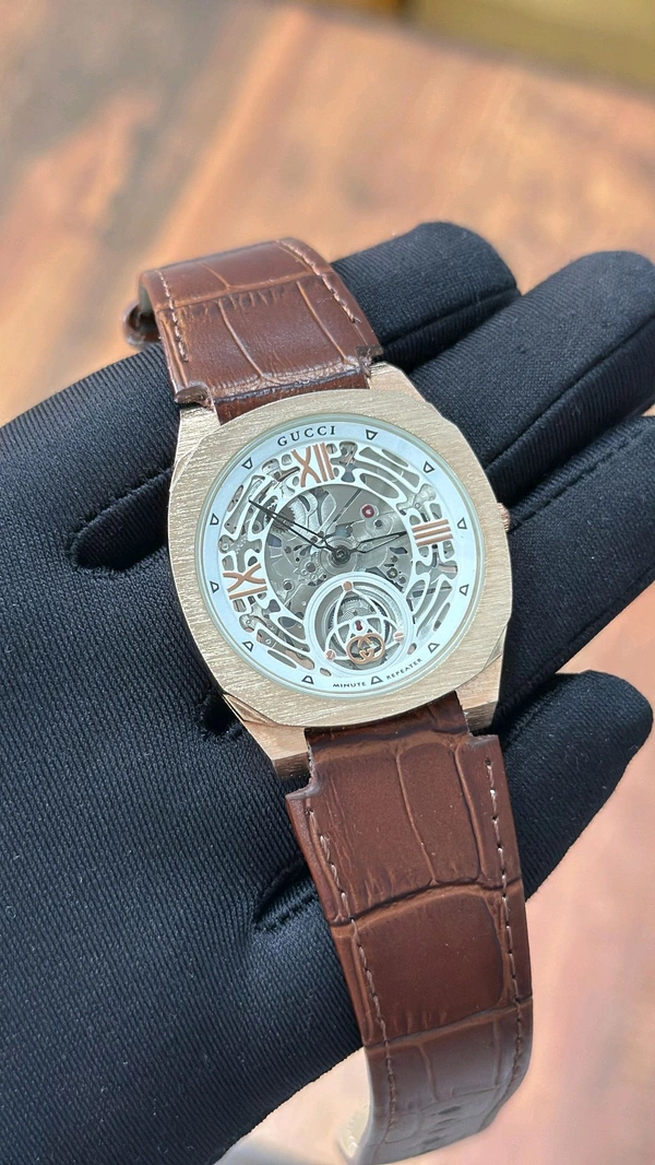 GUCCI 25H Brown Leather Strap Analog Watch For Men  - Normal (5-6 days)