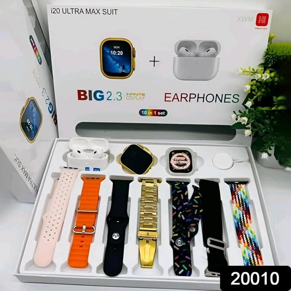 10 in1 Set Ultra Smart Bluetooth Calling Smartwatch + Earphones with Transparent Screen Guard Watch with Seven Classic Straps For Smartwatch for MEN & WOMEN Gift Product (1 Set / Mix Color)Description :-High-Resolution: This Smartwatch provides outstanding visibility for all of your actions due to its shining screen resolution.Smart Features: With MP3 playback, Touch Screen Capabil